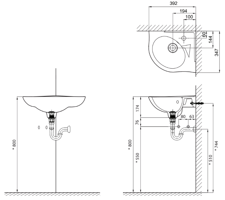 Bản vẽ kỹ thuật chậu góc treo tường L-281V